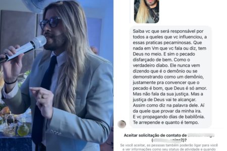 Homem com cabelos loiros compridos e óculos segura microfone