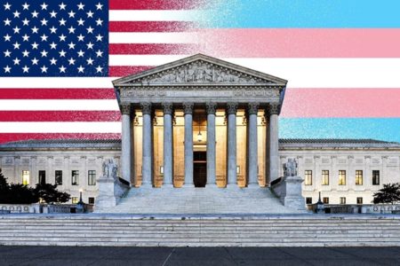 Imagem colorida de arte da suprema corte dos EUA e bandeira Trans - Metrópoles