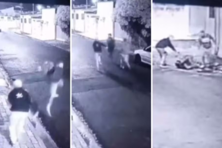 Colagem de imagens de uma câmera de segurança que flagrou o momento em que dois homens derrubam e agridem um agente penitenciário no meio da rua - Metrópoles