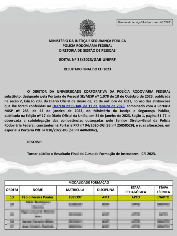 Informe interno da PRF comunicando a lista dos agentes reprovados nas aulas de tiro do Curso de Formação de