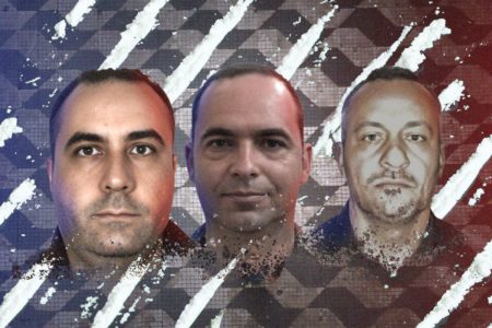 Arte com três retratos de homens brancos, sem barba e cabelo curto, cujo fundo é riscado por linhas brancas, semelhantes a carreiras de cocaína - Metrópoles