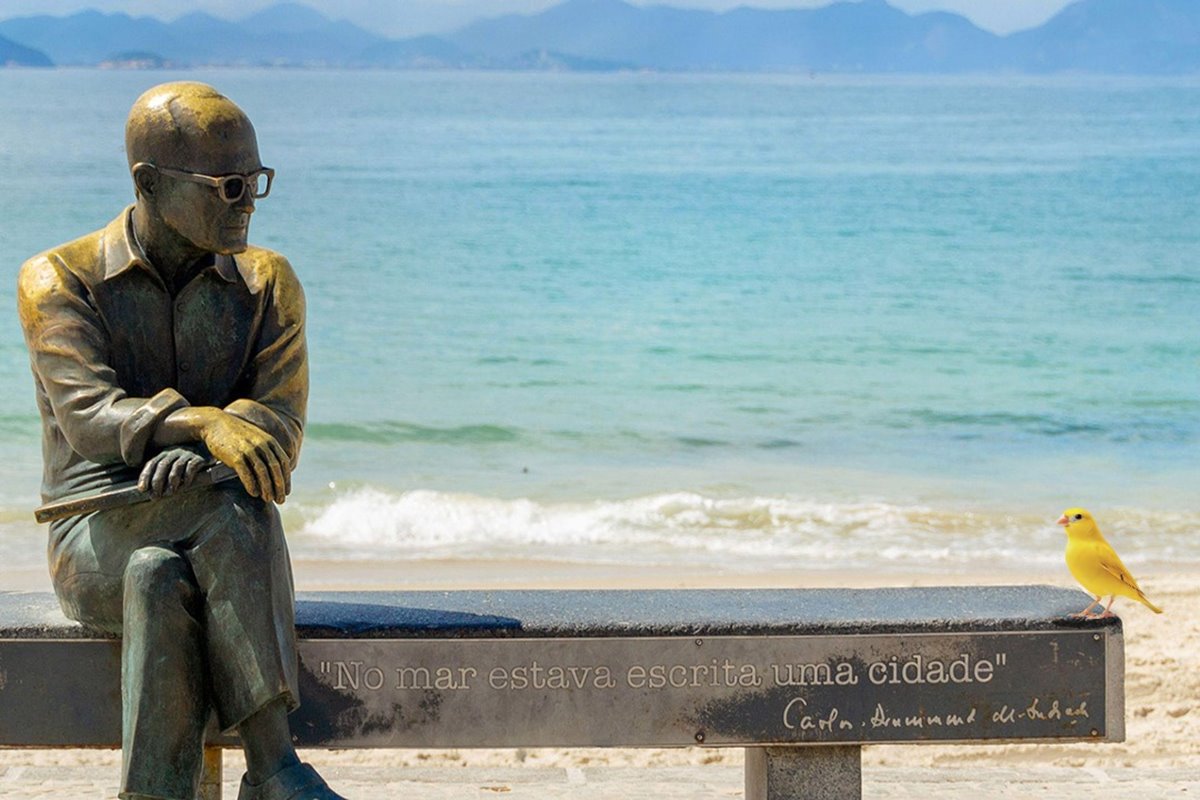 Ilustração de Carlos Drummond de Andrade com passarinho