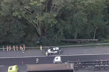 Carreta cai em ribanceira na Rodoanel