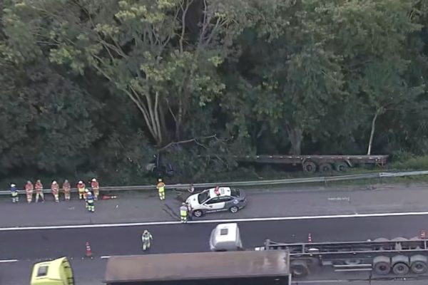 Carreta cai em ribanceira na Rodoanel