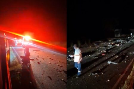 Montagem com duas fotos lado a lado. Na esquerda, luzes vermelhas e duas pessoas estão na pista. Na direita, um homem caminha sobre pista cheia de destroços - Metrópoles