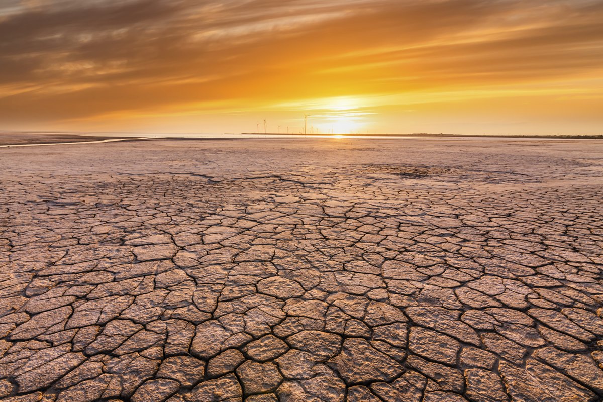 Foto de stock de Pôr do sol sobre solo rachado no deserto. Conceito de aquecimento global no planeta. Metrópoles