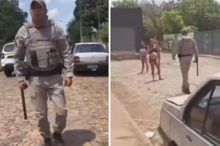 Montagem com fotos colorias de PM agredindo grávida de 8 meses com cassetete - Metrópoles
