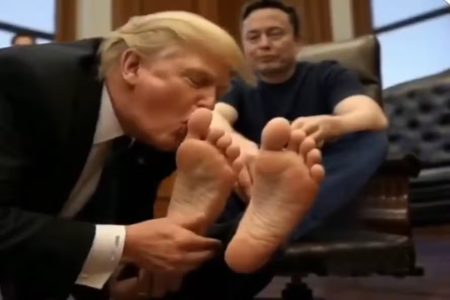 Imagem colorida de Trump beijando os pés de Musk - Metrópoles