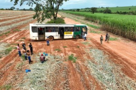 Imagem colorida de força-tarefa que flagrou condições precárias de trabalho em plantios de cana do interior de SP. - Metrópoles