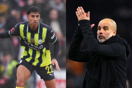 Foto colorida de Vitor Reis e Pep Guardiola, do Manchester City - Metrópoles