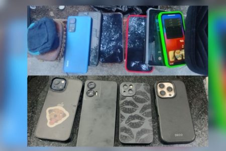 Imagens coloridas mostram diversos aparelhos celulares, furtados de foliões, enfileirados