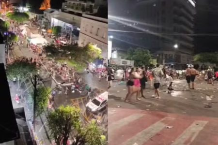Montagem com fotos coloridas de confusão após tiroteio - Metrópoles