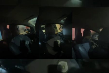 Sequência de 3 fotos, uma ao lado a outra, de PM em viatura no período noturno - Metrópoles