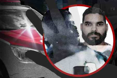 Arte gráfica . Plano de fundo, viatura a PM de São Paulo. Do lado direito, dentro de ´círculo, a cabeça de dois homens, o da esquerda negro e careca e o outro branco, de barba e cabelos escuros - Metrópoles