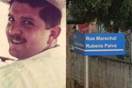 Imagem colorida de Rubens Paiva em uma rua do Paraná que homenageou o deputado como "Marechal Rubens Paiva" - Metrópoles