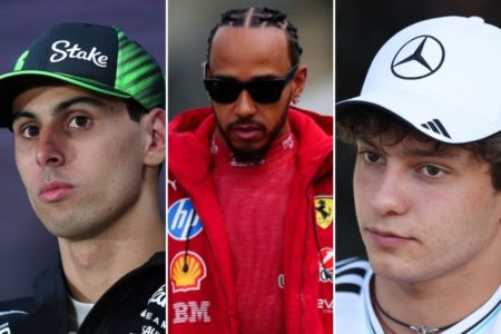 Imagem colorida de três pilotos da Fórmula 1, Bortoleto, Hamilont e Antonelli - metrópoles