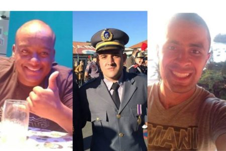 Montagem feita com três fotos. Da esquerda para a direita: homem preto careca sem barba manda joia; homem branco, sem barba, semblante sério, com farda de gala da PM de São Paulo e homem branco, sem barba e cabelo curto sorri em dia ensolarado usando camiseta beje escura - Metrópoles