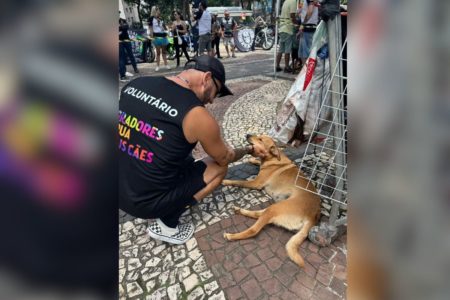 imagem colorida mostra homem dando carinho para cachorro vira-lata caramelo. o homem veste uma regata escrita voluntário moradores de rua e seus caes
