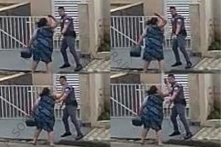 Imagem colorida de uma stalker dando um tapa no rosto de um PM