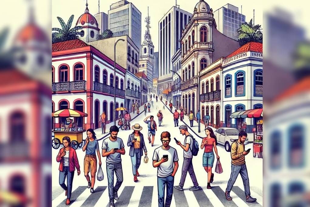 Imagem colorida de pessoas mexendo em celular no Rio