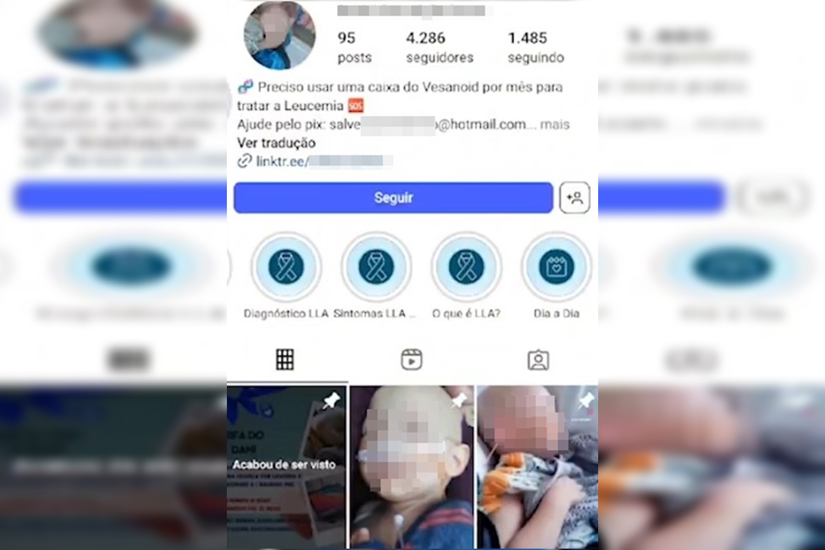 No perfil, o criminoso colocou a chave Pix para as pessoas ajudarem no tratamento de câncer