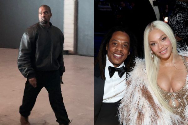 Montagem com fotos coloridas de Kanye West, Jay-Z E Beyoncé - Metrópoles