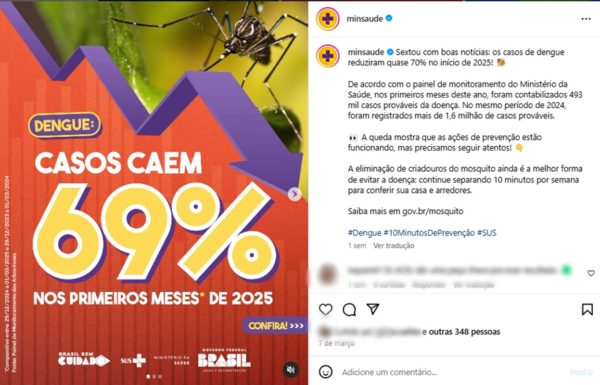 Publicação em que Ministério da Saúde comemora queda nos casos de dengue
