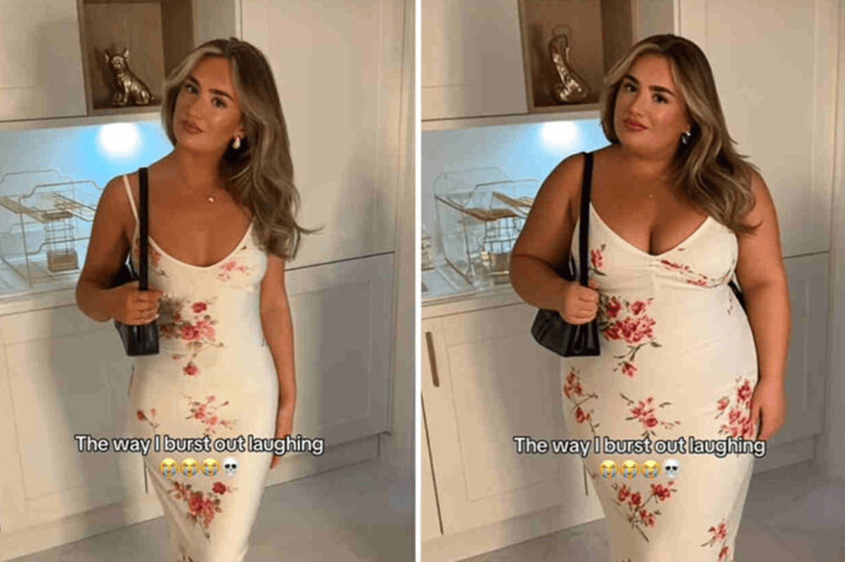 Imagem colorida de captura de tela do tiktok que mostra influencer antes e depois do filtro chubby
