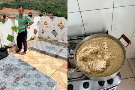 Indígenas resgatados de trabalho escravo. Na montagem, há uma foto que mostra o alojamento com colchões no chão e outra imagem com panela de arroz - Metrópoles