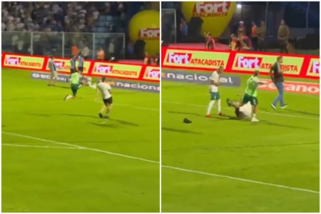 Imagem colorida mostra trechos de vídeo em que jogador dá voadora em torcedor - Metrópoles