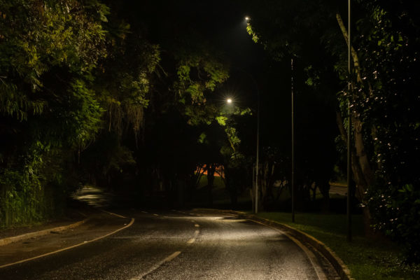 Imagem colorida de uma estrada mau iluminada. No fundo, faróis de carros e árvores verdes