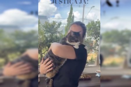 Foto colorida de mulher com gato no colo