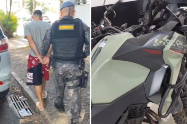 Colagem colorida de duas imagens, onde um homem é preso à esquerda, enquanto uma moto roubada é apreendida na foto da direita - Metrópoles