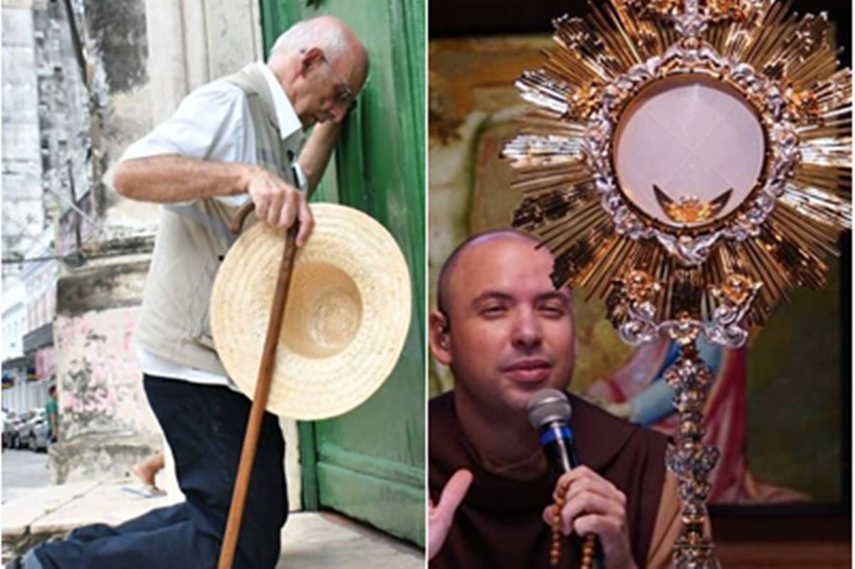 Montagem de imagem colorida de Padre Julio Lancelotti à esquerda e de Frei Gilson à direita