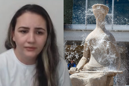 Imagem colorida de pichadora em depoimento - Metrópoles
