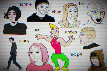 Imagem colorida mostra diversos desenhos com palavras usadas pelos incels espalhadas - Metrópoles